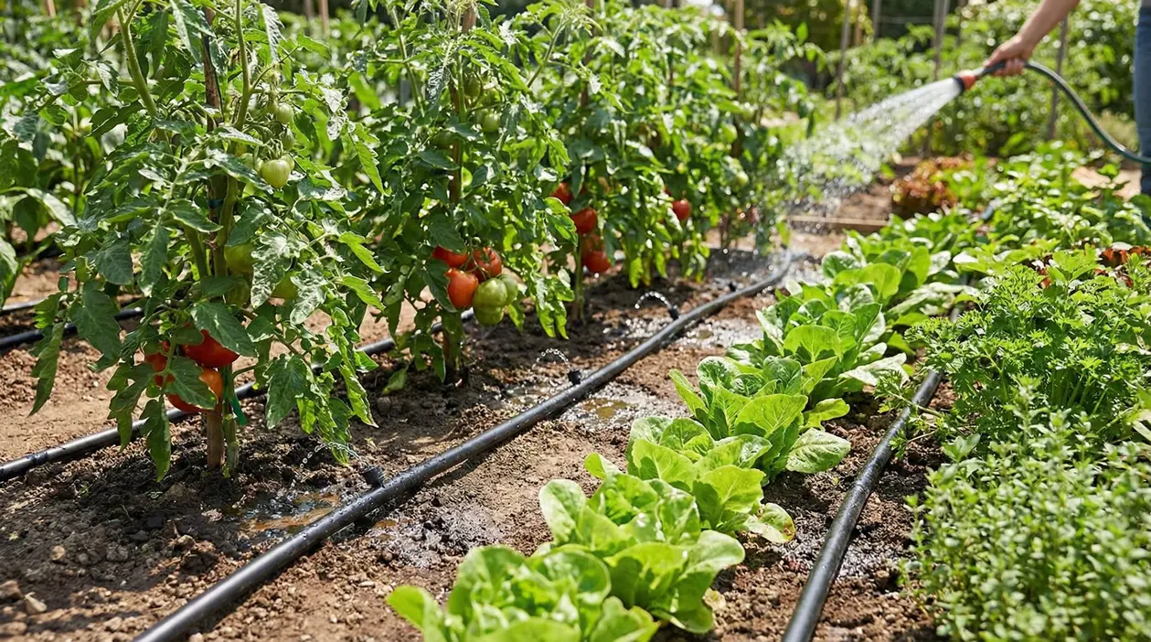 Irrigazione dell’orto con tubo e ala gocciolante tra pomodori e lattughe in pieno sole