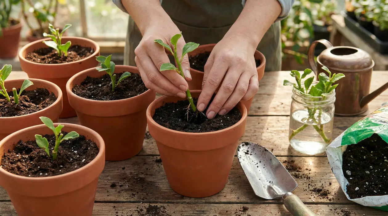 Mani che piantano una talea in un vaso di terracotta con terriccio, sul tavolo da giardinaggio