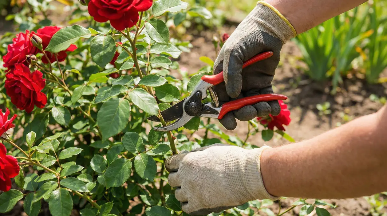 Mani con guanti potano un cespuglio di rose rosse con cesoie in giardino