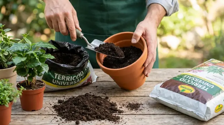 Persona riempie un vaso di terracotta con terriccio per rinvasare piante in vaso su un tavolo da giardino