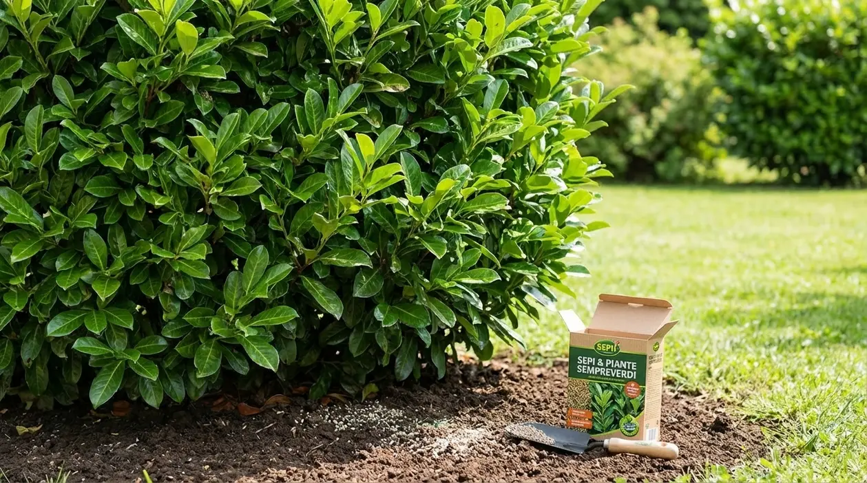 Siepe verde in giardino con concime granulare distribuito alla base per una corretta concimazione