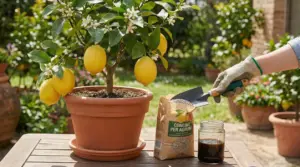 Mano con guanto distribuisce concime granulare su un limone in vaso con frutti e fiori in giardino