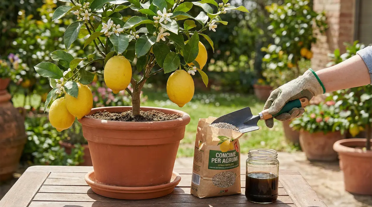 Mano con guanto distribuisce concime granulare su un limone in vaso con frutti e fiori in giardino