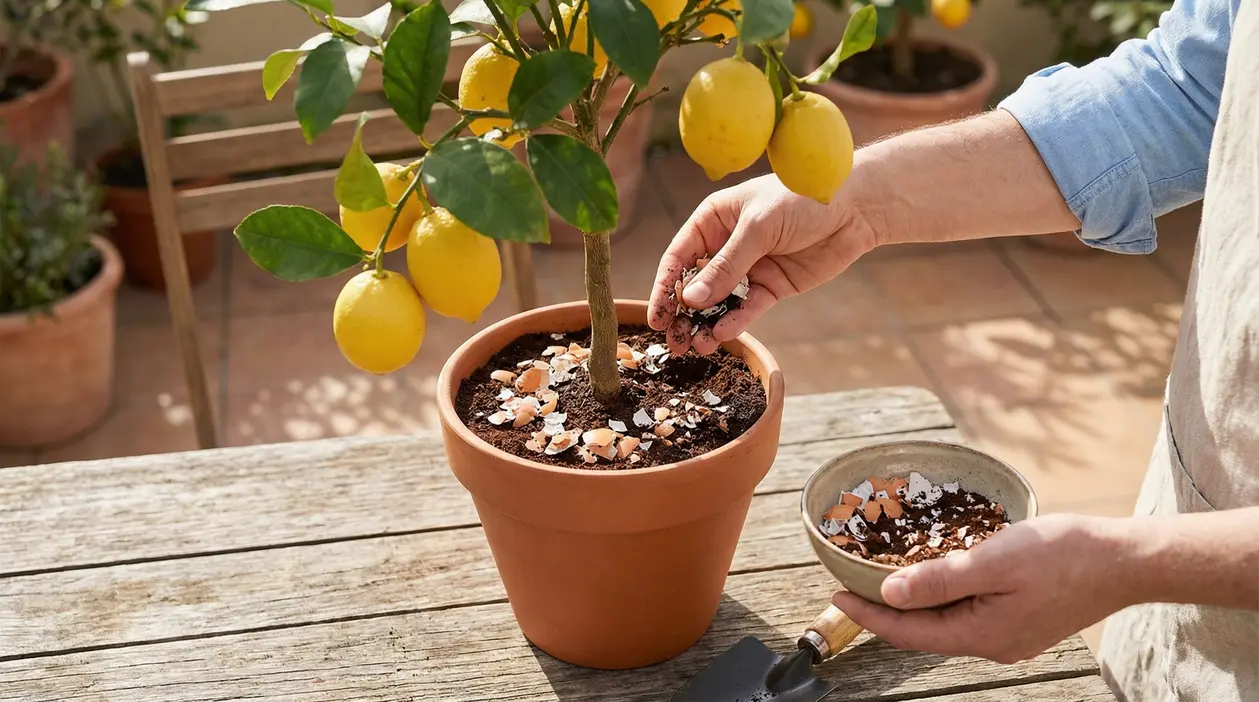Persona aggiunge gusci d’uovo nel vaso di un albero di limone carico di frutti su una terrazza