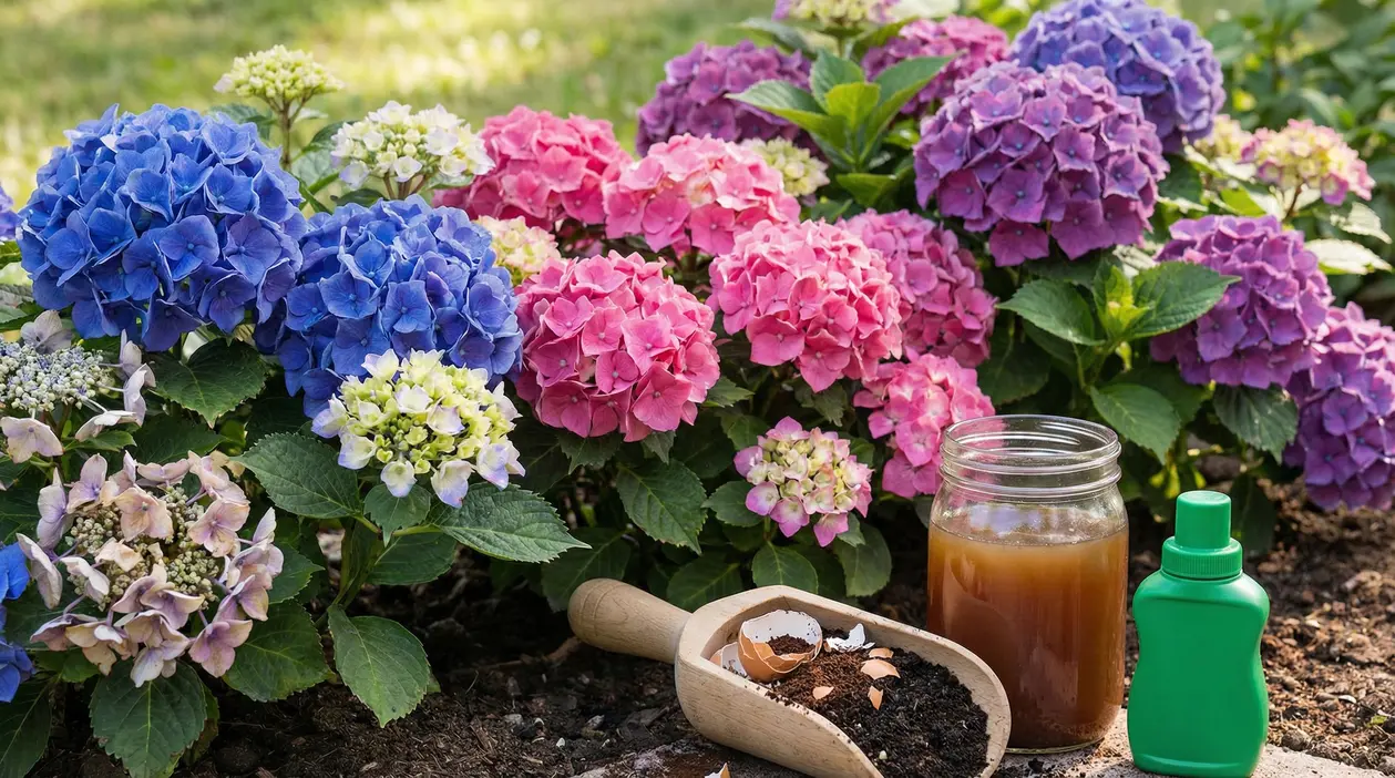 Ortensie blu, rosa e viola in giardino con concime naturale fai da te accanto alle piante