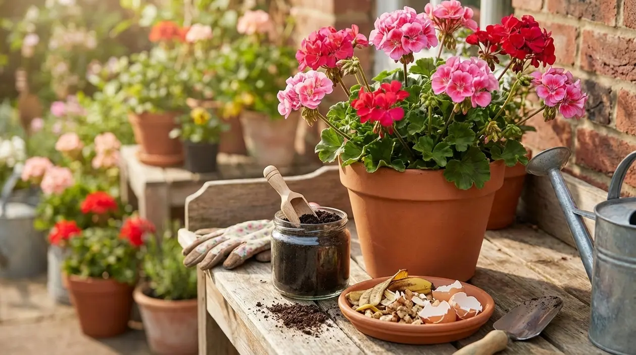 Gerani in vaso con fiori rosa e rossi accanto a concime naturale fai da te su un tavolo da giardino