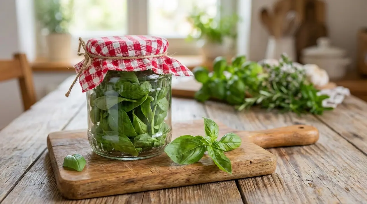 Barattolo di vetro con foglie di basilico fresco su tagliere in legno, in una cucina luminosa