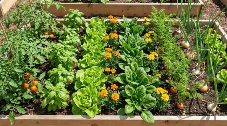 Orto rialzato con pomodori, basilico, lattuga, spinaci, cipolle e fiori in consociazione