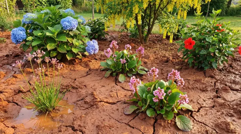 Aiuola in terreno argilloso e compatto con fiori ornamentali e terra screpolata dopo la pioggia