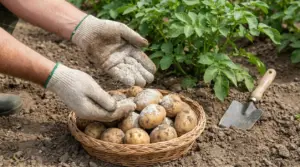 Mani con guanti cospargono polvere sui tuberi di patata in un orto, accanto a piante di patate.
