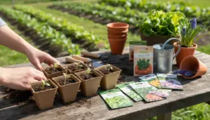 Mani che trapiantano piantine in vasetti biodegradabili con bustine di semi e attrezzi su tavolo in orto