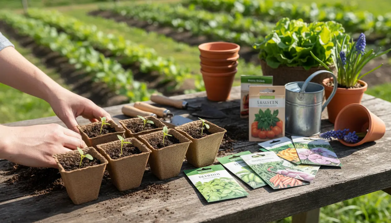 Mani che trapiantano piantine in vasetti biodegradabili con bustine di semi e attrezzi su tavolo in orto