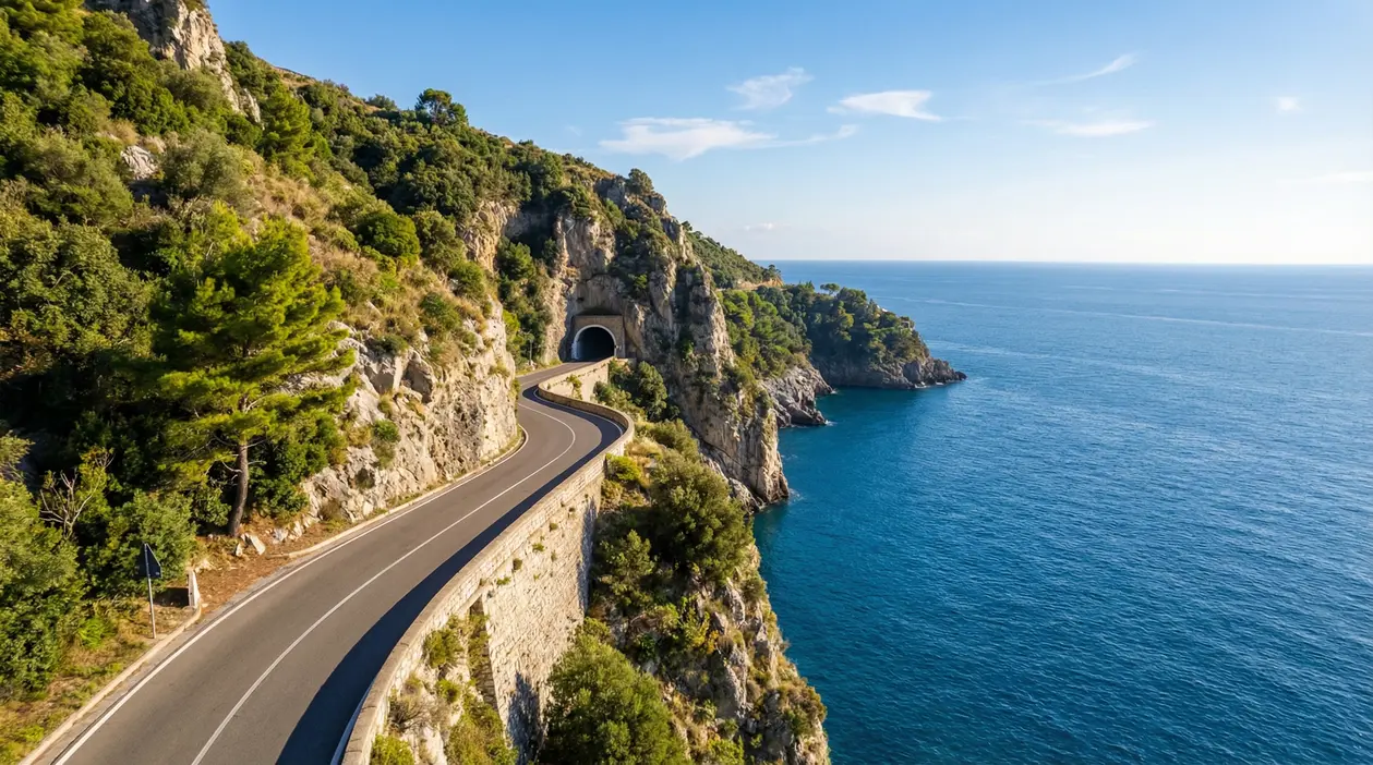 Strada panoramica sulla Costiera Amalfitana lungo la scogliera, con galleria nella roccia e mare azzurro sullo sfondo
