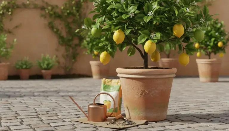 Pianta di limone in vaso di terracotta con frutti e fiori, annaffiatoio e concime su un patio assolato