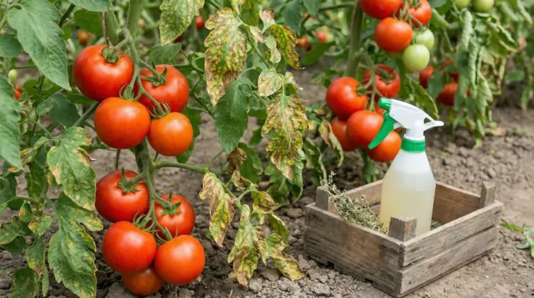 Piante di pomodoro con foglie colpite da peronospora e spray naturale nell'orto