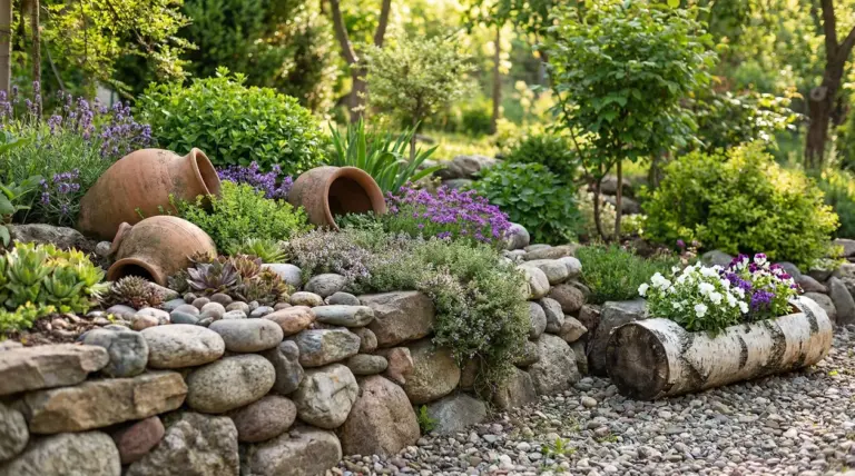 Giardino decorato con pietre, tronco naturale, vasi in terracotta e fiori tra aiuole verdi
