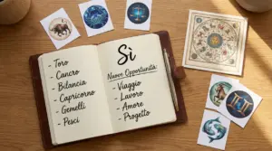 Taccuino aperto con penna e carte dei segni zodiacali su un tavolo, accanto a una ruota dello zodiaco