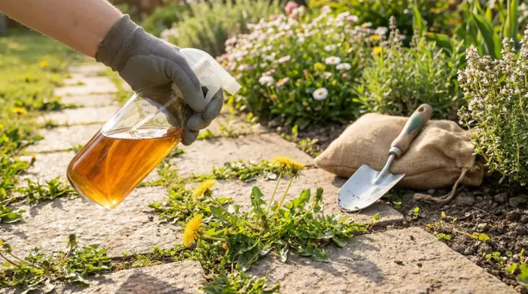 Mano con guanto spruzza diserbante naturale fai da te su erbacce tra le piastrelle del giardino