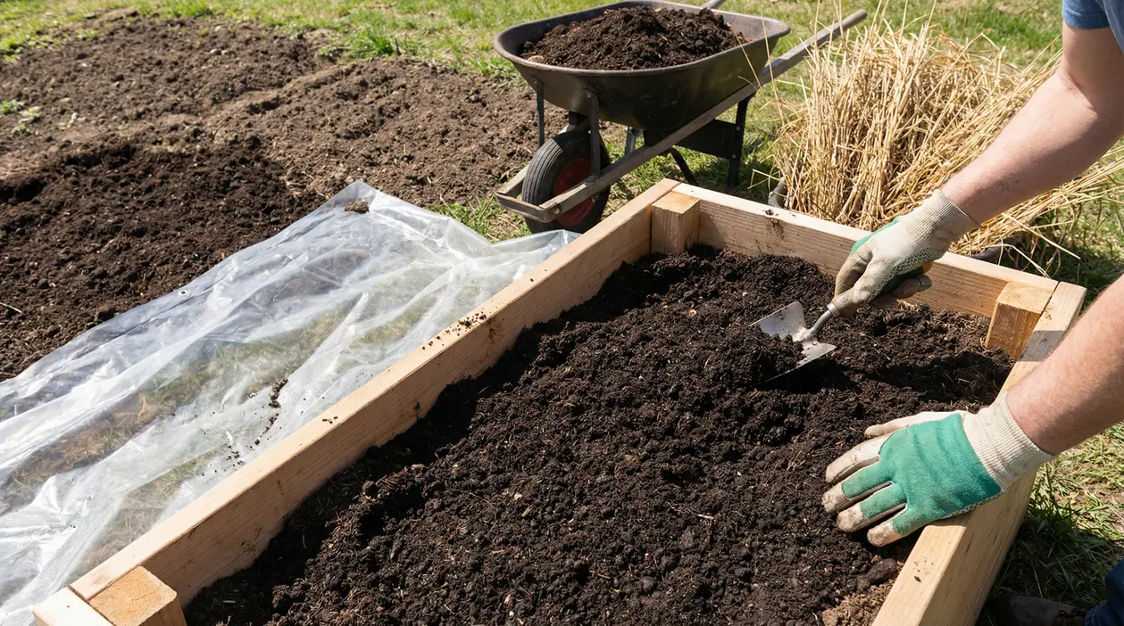 Persona con guanti prepara il terreno in un bancale dell’orto, con telo per solarizzazione e carriola sullo sfondo