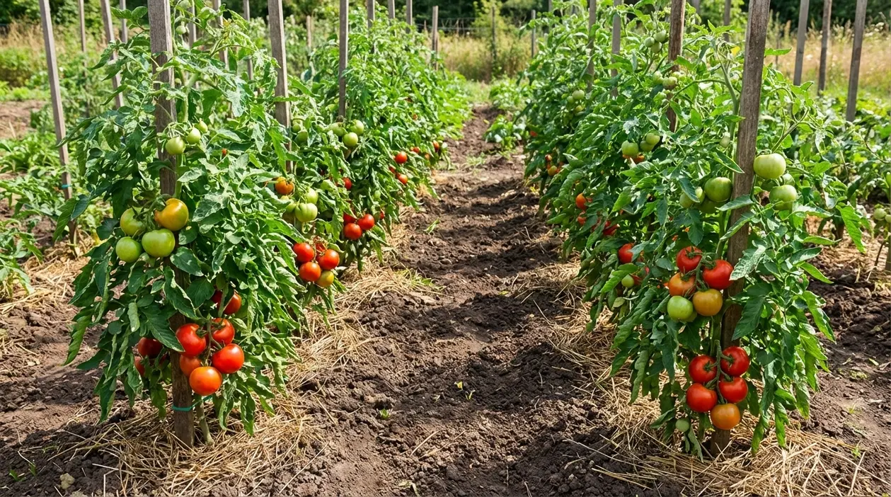 File di piante di pomodoro nell’orto, sostenute da tutori e ben distanziate per favorire crescita e raccolto
