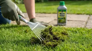 Persona con guanti rastrella il muschio dal prato, con prodotto antimuschio sullo sfondo