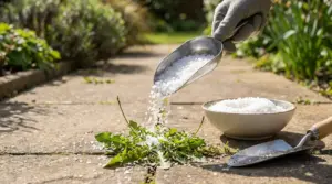 Mano con guanto sparge sale grosso su erbacce tra le fessure di un vialetto in giardino