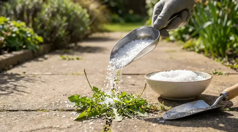 Mano con guanto sparge sale grosso su erbacce tra le fessure di un vialetto in giardino