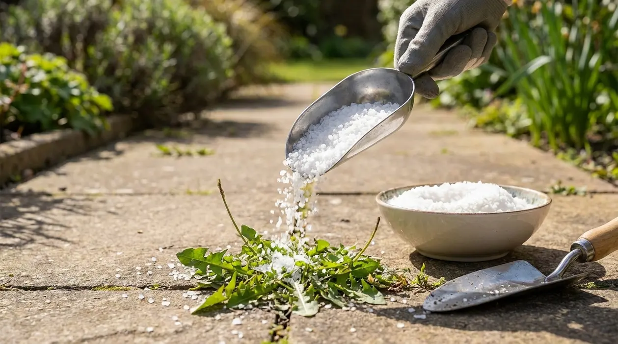 Mano con guanto sparge sale grosso su erbacce tra le fessure di un vialetto in giardino
