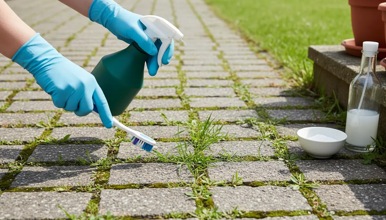 Mani con guanti puliscono le erbacce tra le fughe del vialetto con spazzolino e spray naturale