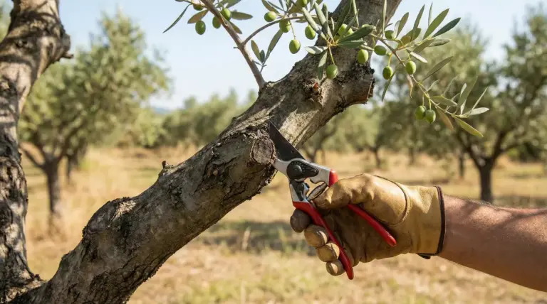Mano con cesoie che pota un ramo di ulivo in un oliveto con olive verdi