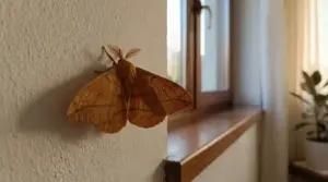 Falena marrone posata su una parete interna vicino a una finestra, in una stanza illuminata dalla luce naturale