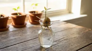 Seme di avocado germogliato in un vaso d’acqua con stuzzicadenti, con radici e foglioline sul davanzale