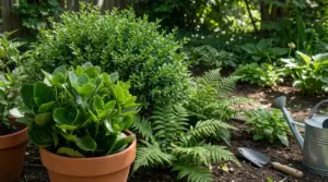 Piante verdi in vaso e in giardino con annaffiatoio, in un contesto legato ai problemi di fioritura