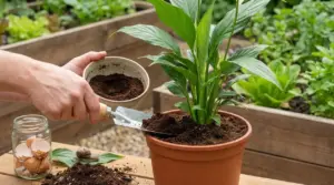 Persona concima una pianta in vaso con fertilizzante naturale fai da te e gusci d’uovo in giardino
