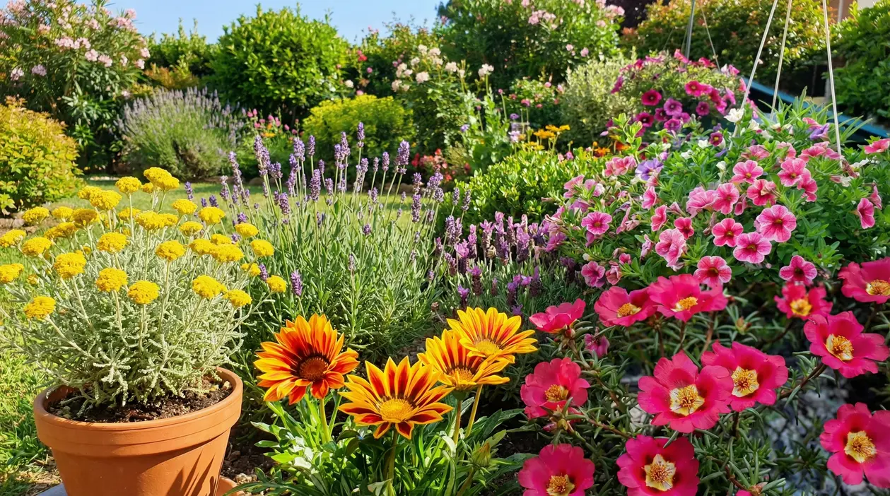 Giardino soleggiato con fiori resistenti al caldo e al freddo, tra lavanda, gazanie e petunie colorate