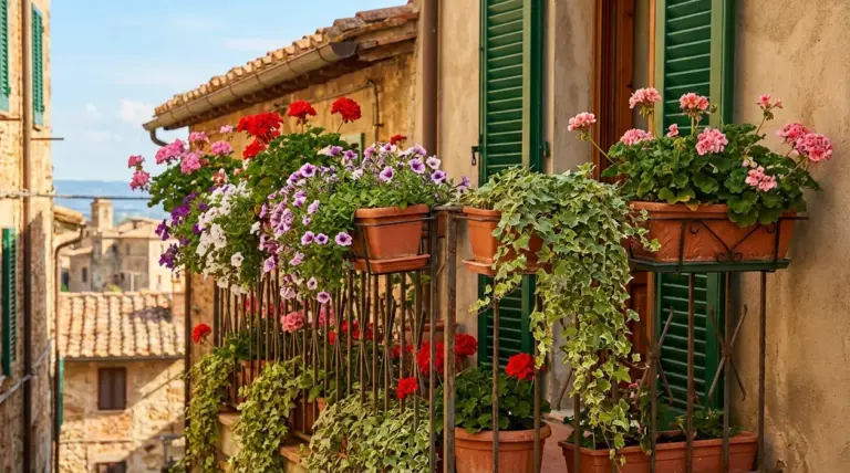 Balcone fiorito con gerani, petunie ed edera in vasi, ideale per decorare con fiori resistenti