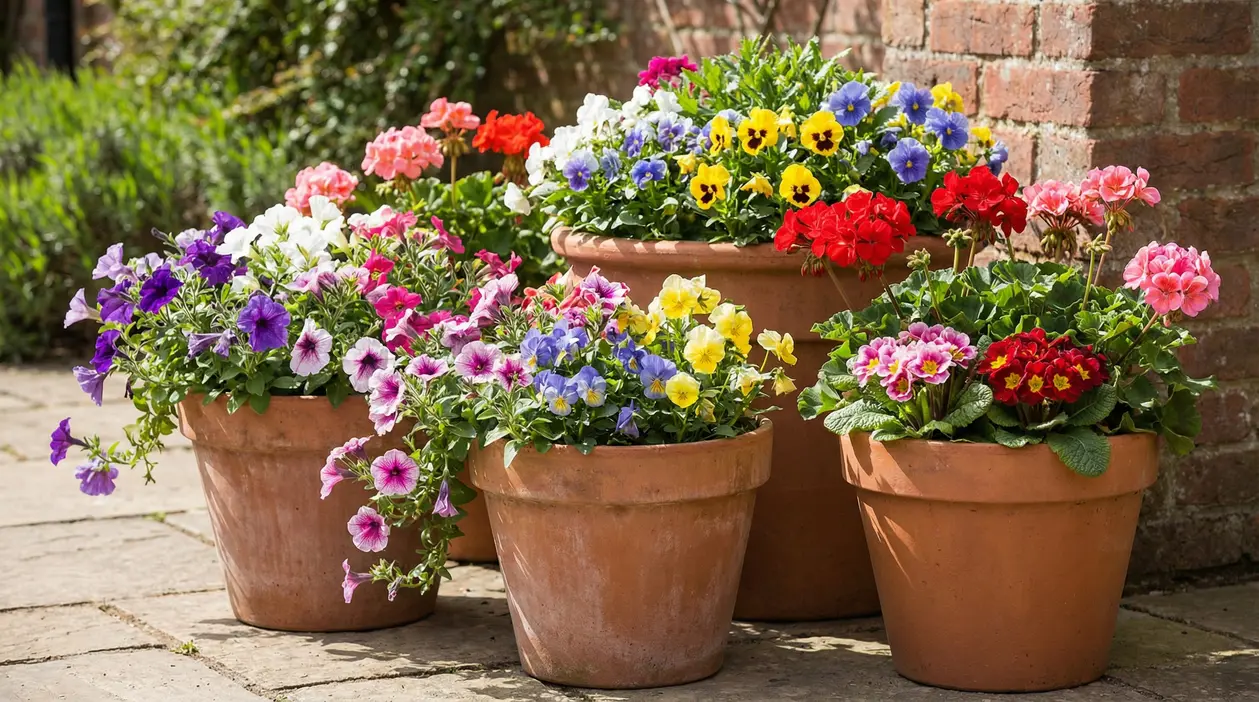 Vasi grandi in terracotta con fiori colorati da esterno su patio, ideali per balcone e giardino tutto l’anno