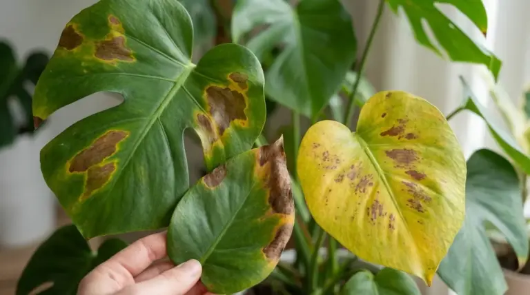 Foglie di monstera con macchie marroni e ingiallimento, segni di stress o malattia della pianta