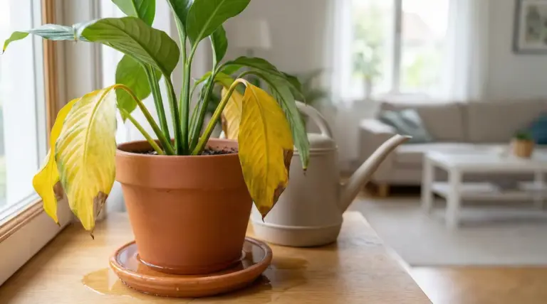 Pianta da interno in vaso con foglie gialle e macchie, su davanzale vicino alla finestra con annaffiatoio