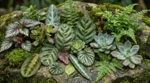 Varie foglie ornamentali di piante tropicali e succulente disposte su rocce con muschio e felci
