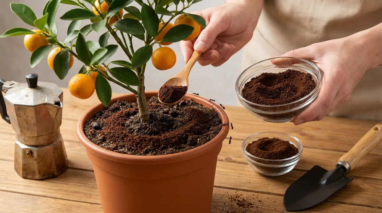 Fondi di caffè sparsi nel vaso di un agrume per allontanare le formiche e rinforzare il terriccio