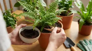 Persona aggiunge fondi di caffè a una felce in vaso tra altre piante da appartamento