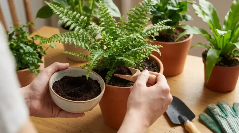 Persona aggiunge fondi di caffè a una felce in vaso tra altre piante da appartamento