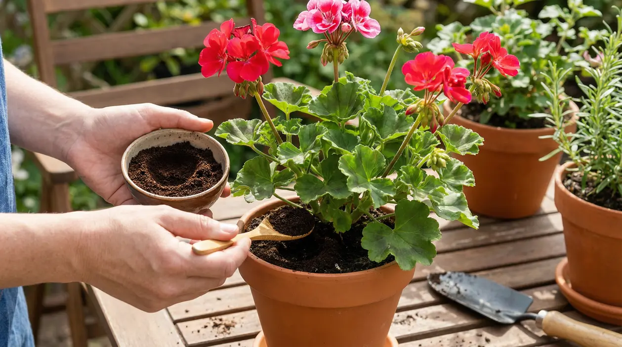 Mani che aggiungono fondo di caffè al terriccio di un geranio fiorito in vaso sul tavolo da giardino