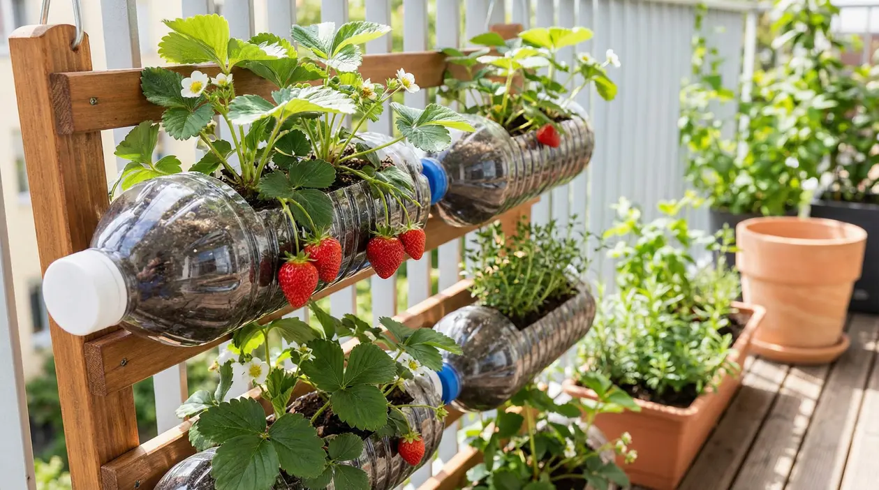 Fragole coltivate in bottiglie di plastica orizzontali fissate a una struttura in legno su un balcone