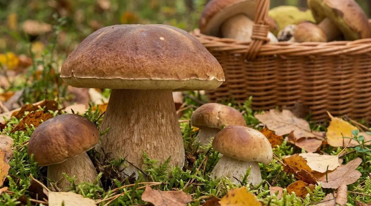 Grandi funghi porcini nel sottobosco autunnale accanto a un cesto di raccolta