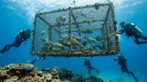 Subacquei osservano una grande gabbia in mare usata per proteggere specie marine a rischio sopra la barriera corallina