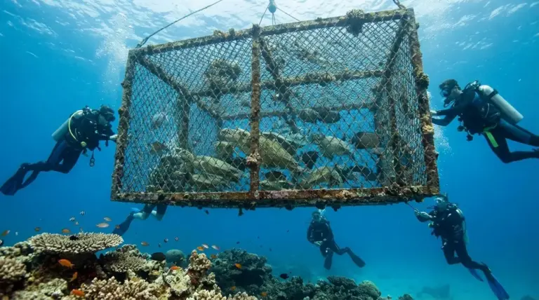 Subacquei osservano una grande gabbia in mare usata per proteggere specie marine a rischio sopra la barriera corallina