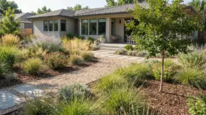 Giardino a bassa manutenzione con ghiaia, graminacee ornamentali, arbusti e percorso verso una casa moderna