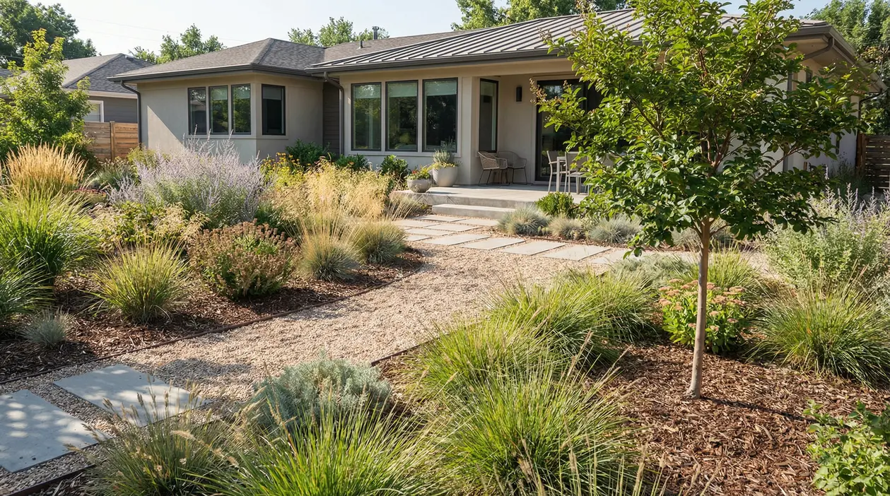Giardino a bassa manutenzione con ghiaia, graminacee ornamentali, arbusti e percorso verso una casa moderna